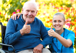 a nurse and an old man showing their thumbs up